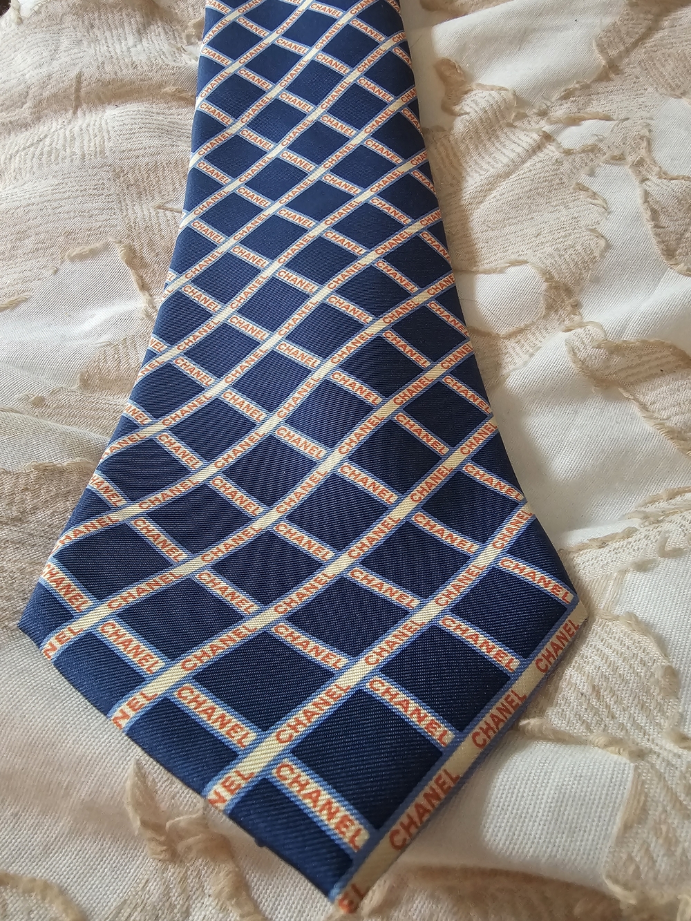 Chanel Men's Navy Blue Patterned Silk Tie